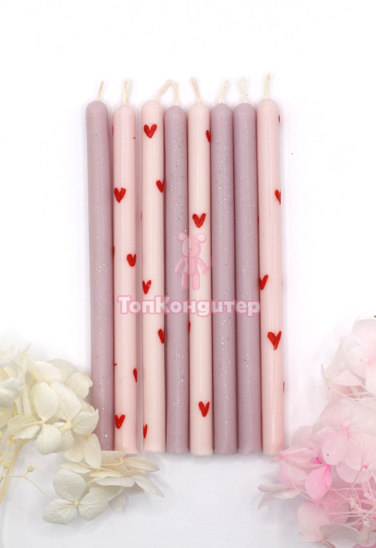 Свечи натуральный воск "розовые сердца" 8шт.