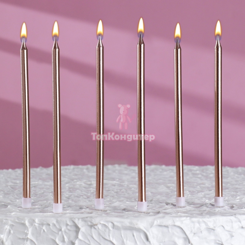 Свечи в торт "Ройс", 6 шт, высокие, 13 см, шампань металлик