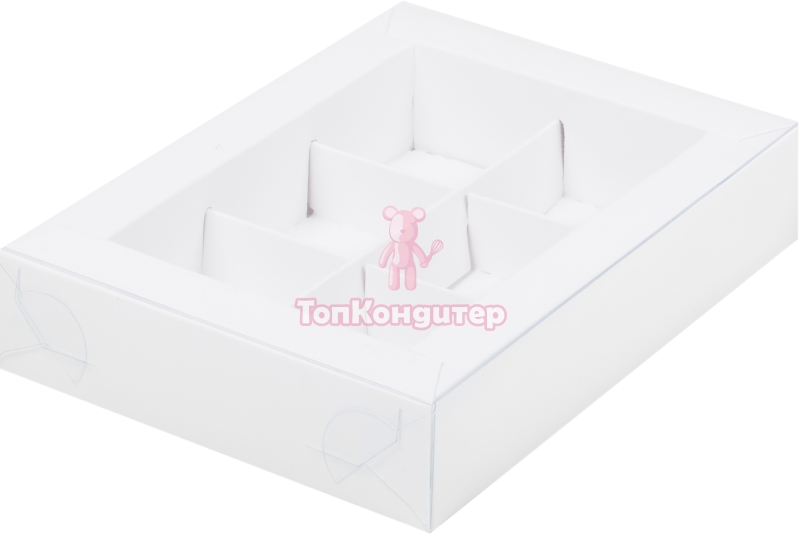 Коробка на 6 конфет 15,5 см*11,5 см*3 см с пластиковой крышкой белая